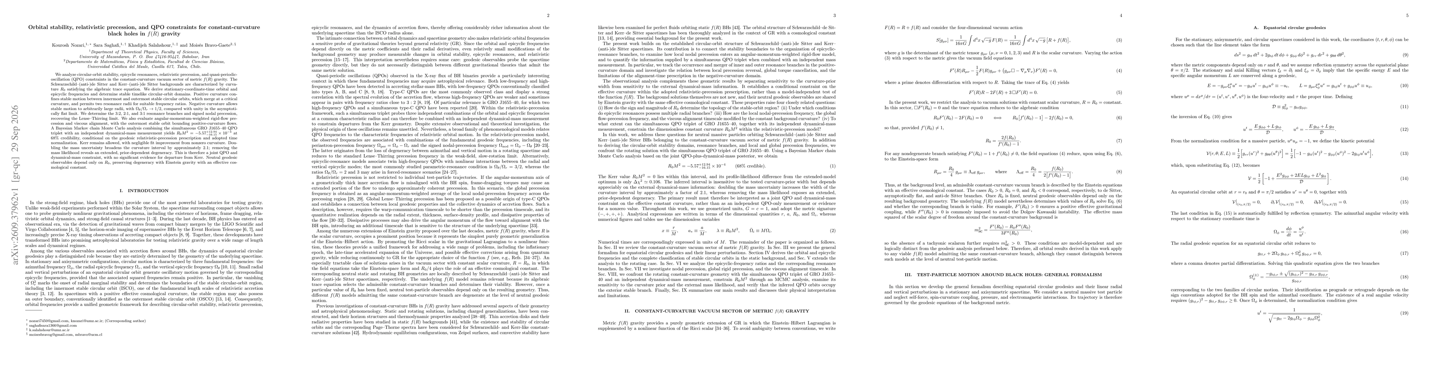 Thumbnail for Orbital stability, relativistic precession, and QPO constraints for constant-curvature black holes in $f(R)$ gravity