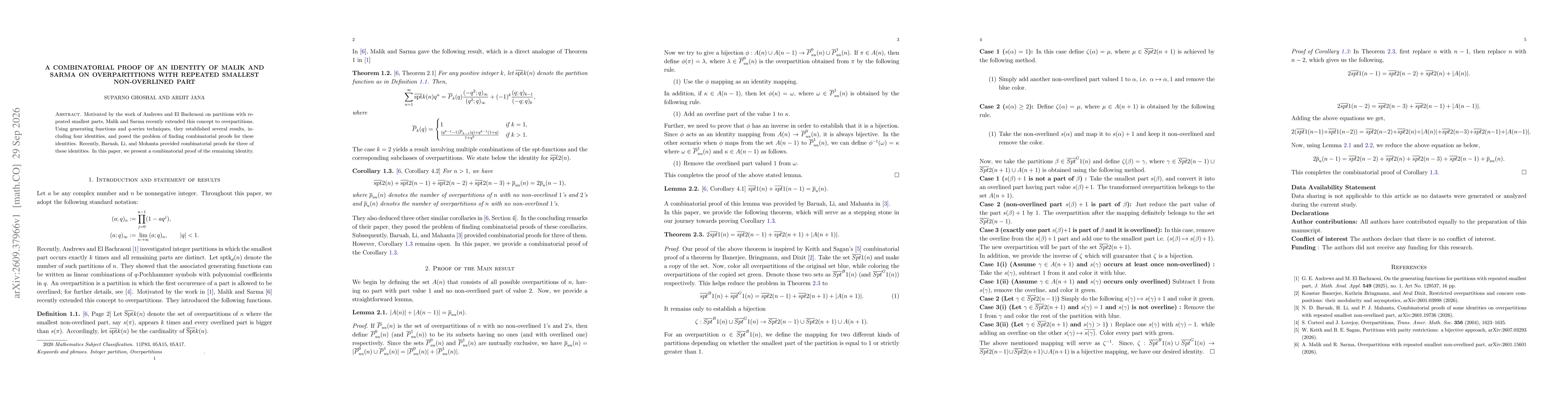 Thumbnail for A Combinatorial Proof of an Identity of Malik and Sarma on Overpartitions with Repeated Smallest Non-Overlined Part