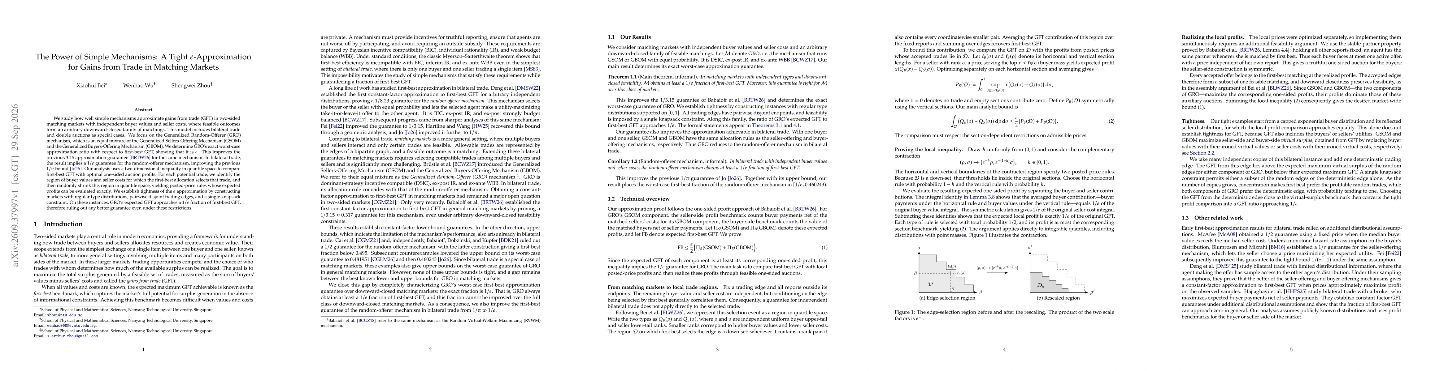 Thumbnail for The Power of Simple Mechanisms: A Tight $e$-Approximation for Gains from Trade in Matching Markets