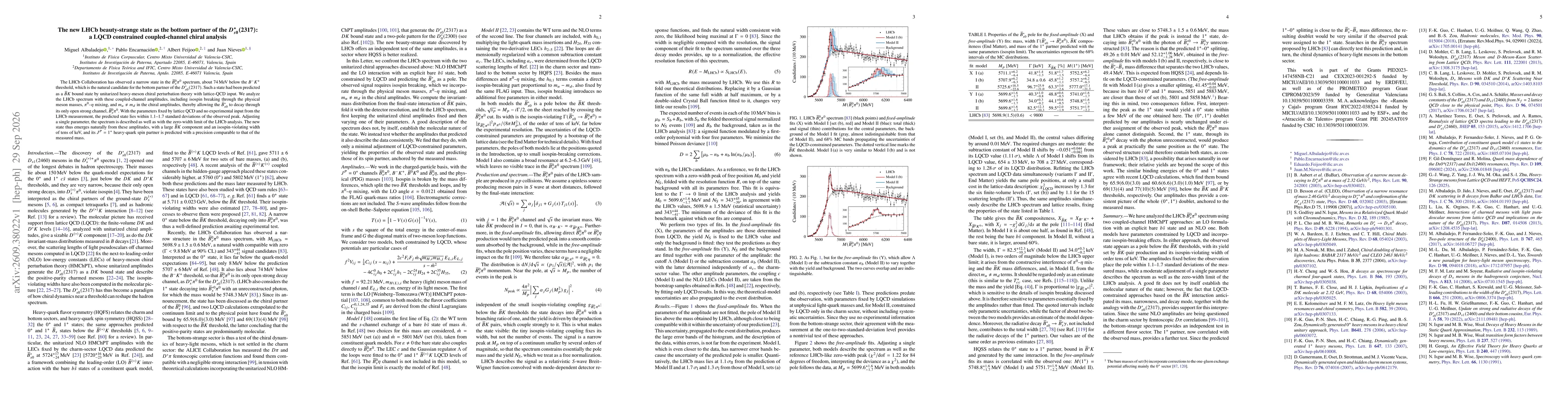 Thumbnail for The new LHCb beauty-strange state as the bottom partner of the $D_{s0}^*(2317)$: a LQCD constrained coupled-channel chiral analysis
