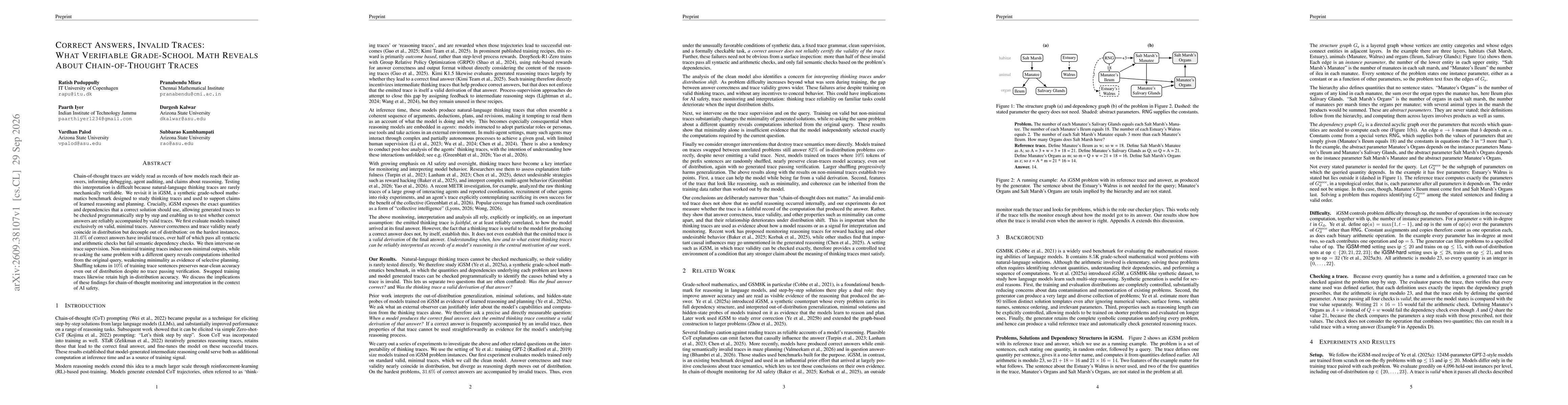 Thumbnail for Correct Answers, Invalid Traces: What Verifiable Grade-School Math Reveals About Chain-of-Thought Traces