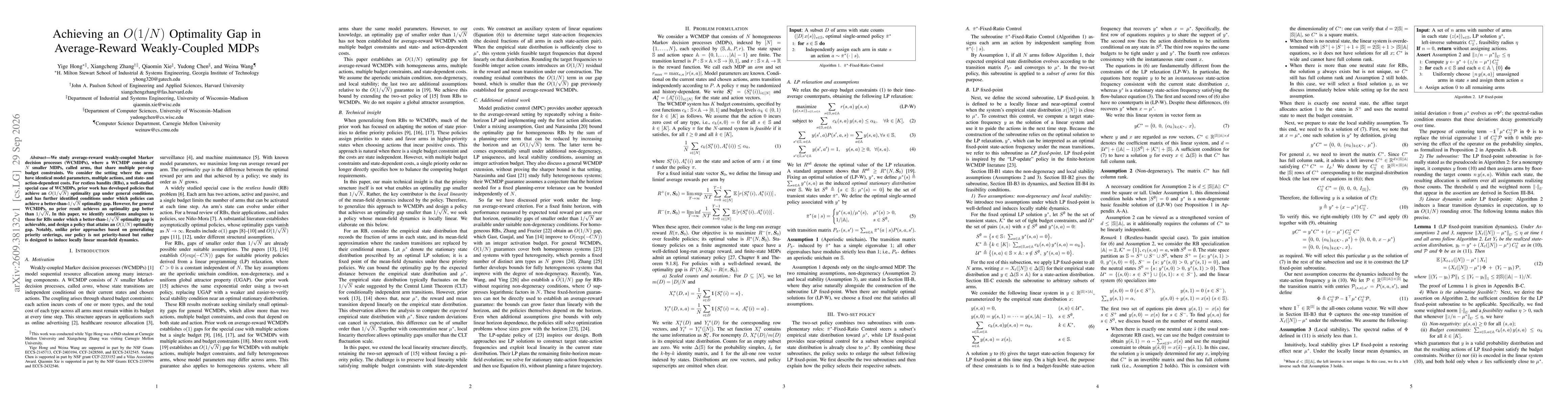 Thumbnail for Achieving an $O(1/N)$ Optimality Gap in Average-Reward Weakly-Coupled MDPs