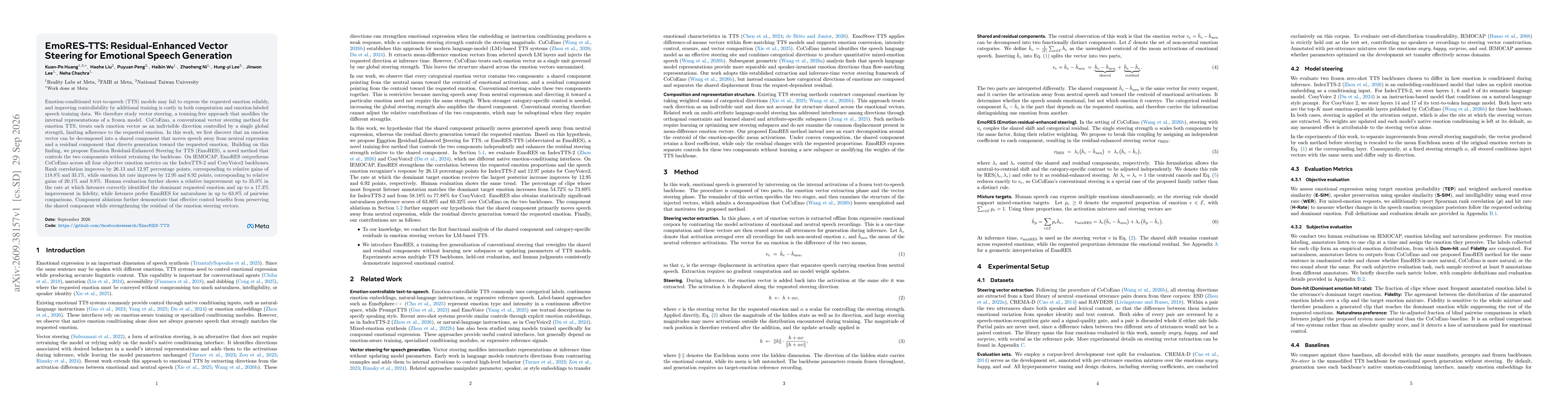 Thumbnail for EmoRES-TTS: Residual-Enhanced Vector Steering for Emotional Speech Generation