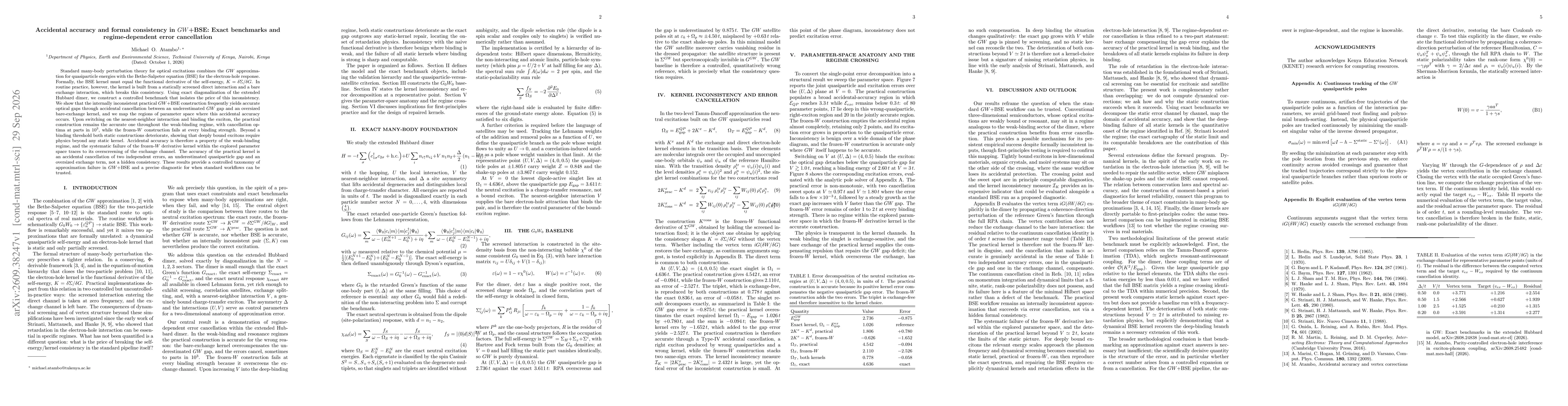 Thumbnail for Accidental accuracy and formal consistency in $GW$+BSE: Exact benchmarks and regime-dependent error cancellation