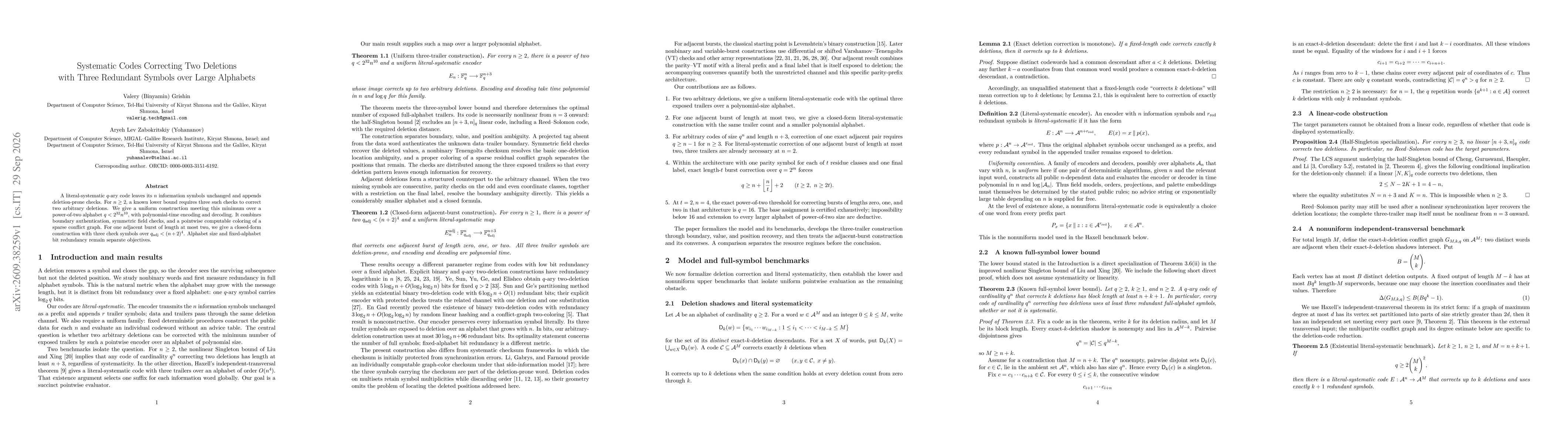 Thumbnail for Systematic Codes Correcting Two Deletions with Three Redundant Symbols over Large Alphabets