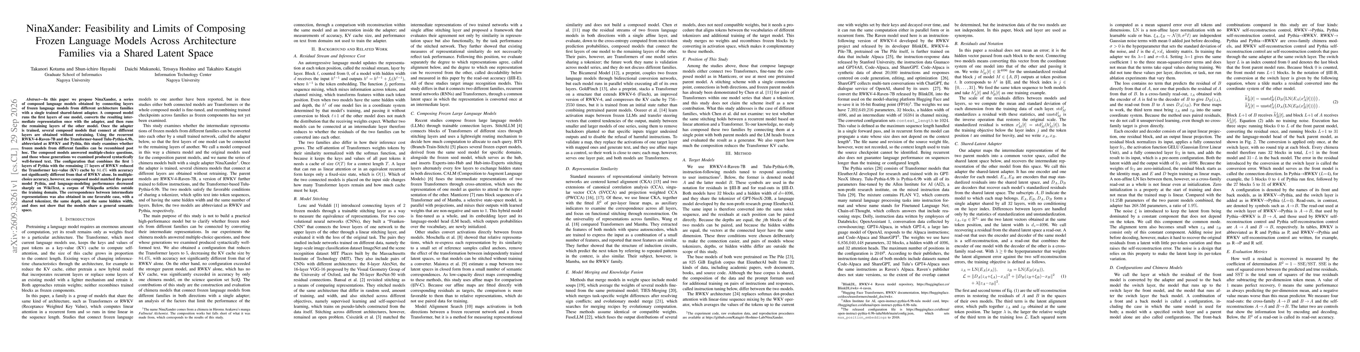 Thumbnail for NinaXander: Feasibility and Limits of Composing Frozen Language Models Across Architecture Families via a Shared Latent Space