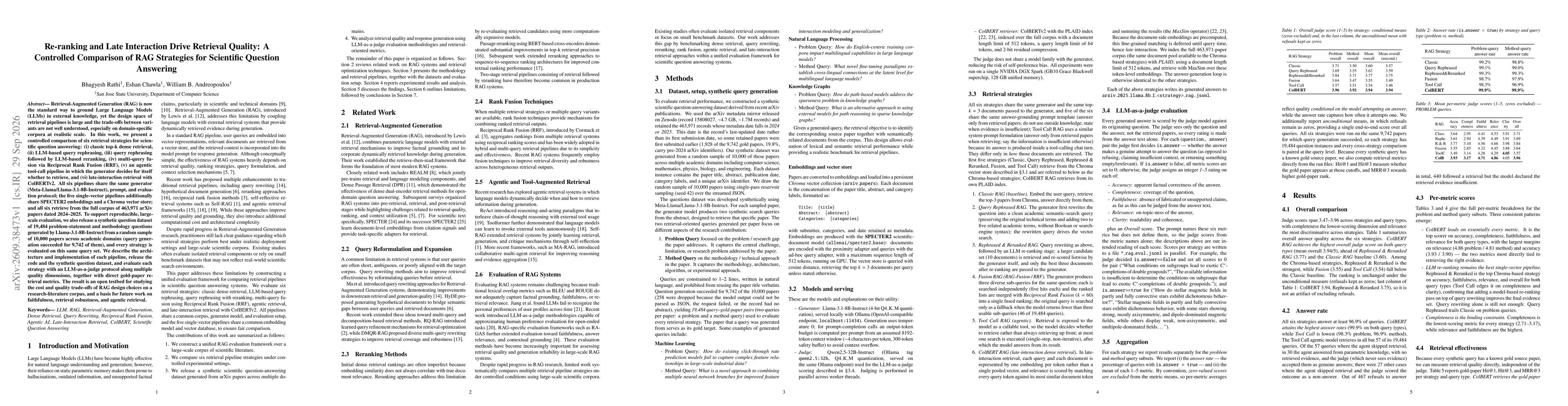 Thumbnail for Re-ranking and Late Interaction Drive Retrieval Quality: A Controlled Comparison of RAG Strategies for Scientific Question Answering