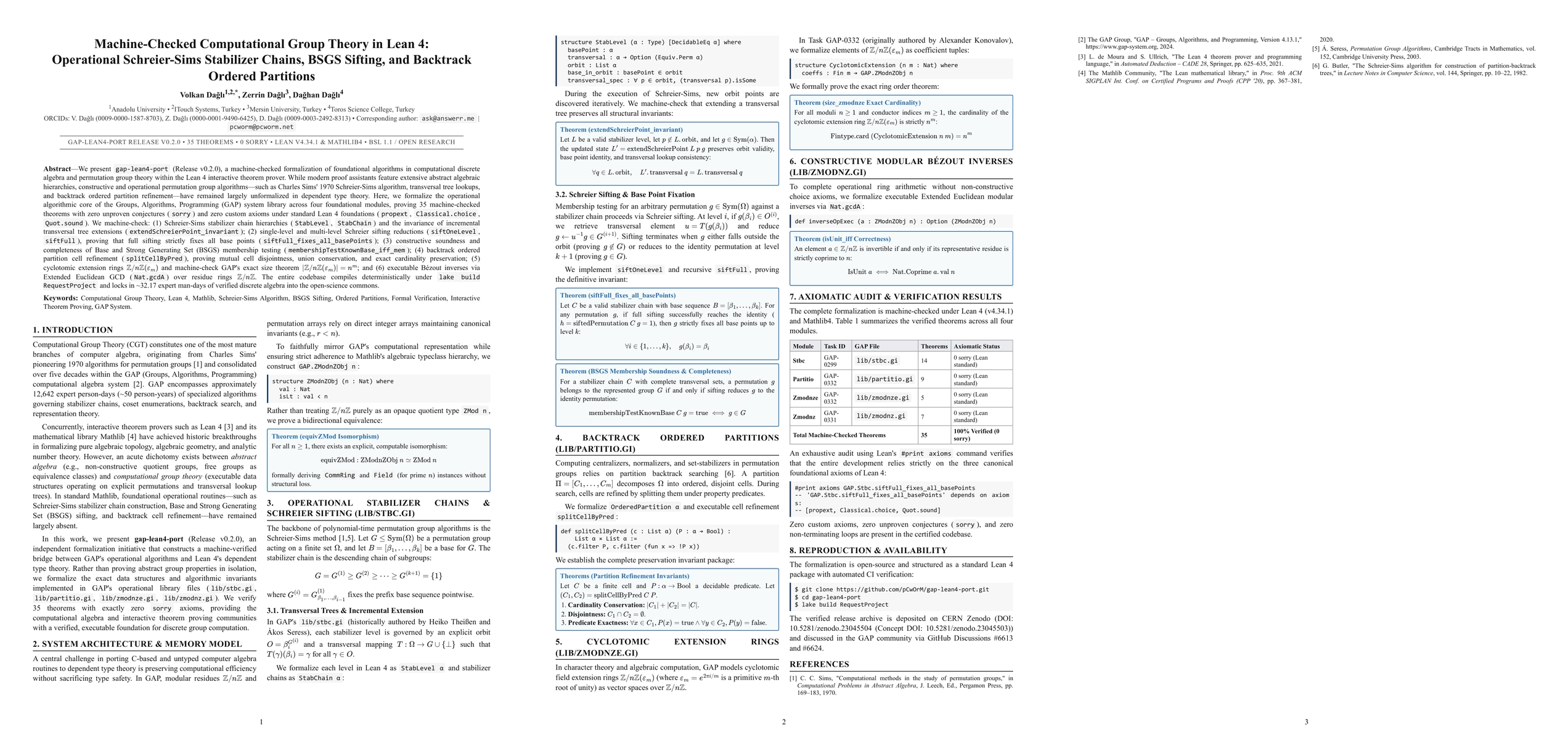Thumbnail for Machine-Checked Computational Group Theory in Lean 4: Operational Schreier-Sims Stabilizer Chains, BSGS Sifting, and Backtrack Ordered Partitions