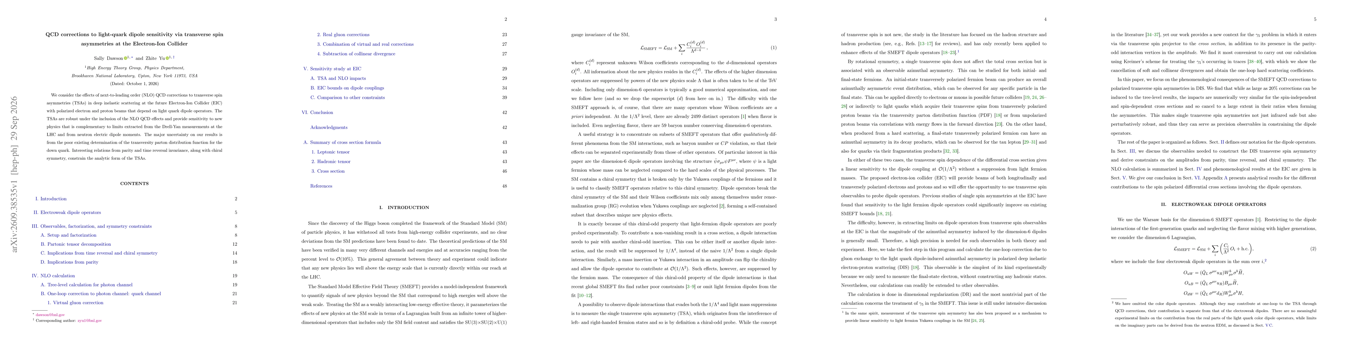 Thumbnail for QCD corrections to light-quark dipole sensitivity via transverse spin asymmetries at the Electron-Ion Collider