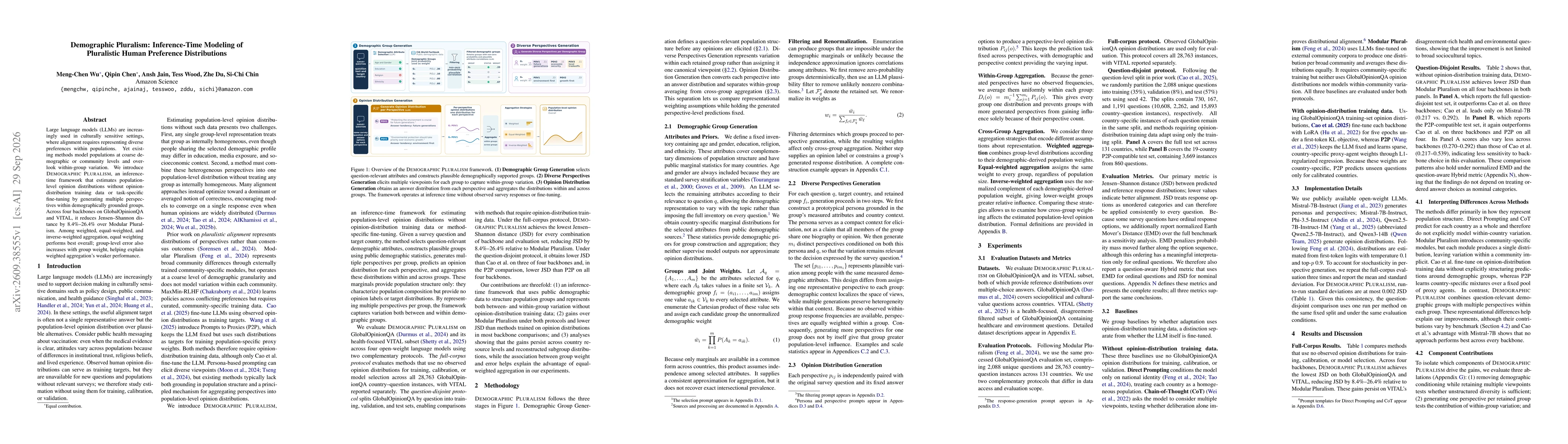 Thumbnail for Demographic Pluralism: Inference-Time Modeling of Pluralistic Human Preference Distributions
