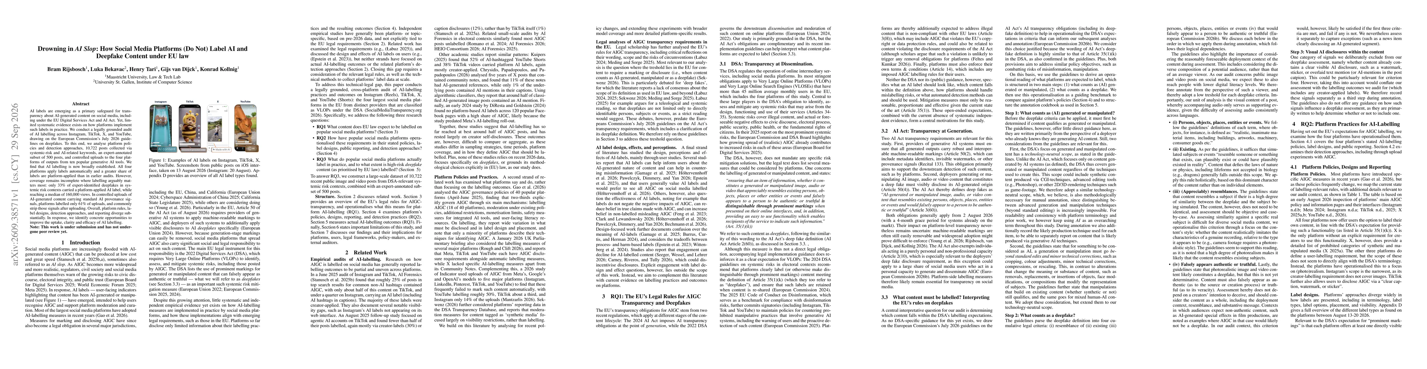 Thumbnail for Drowning in AI Slop: How Social Media Platforms (Do Not) Label AI and Deepfake Content under EU law