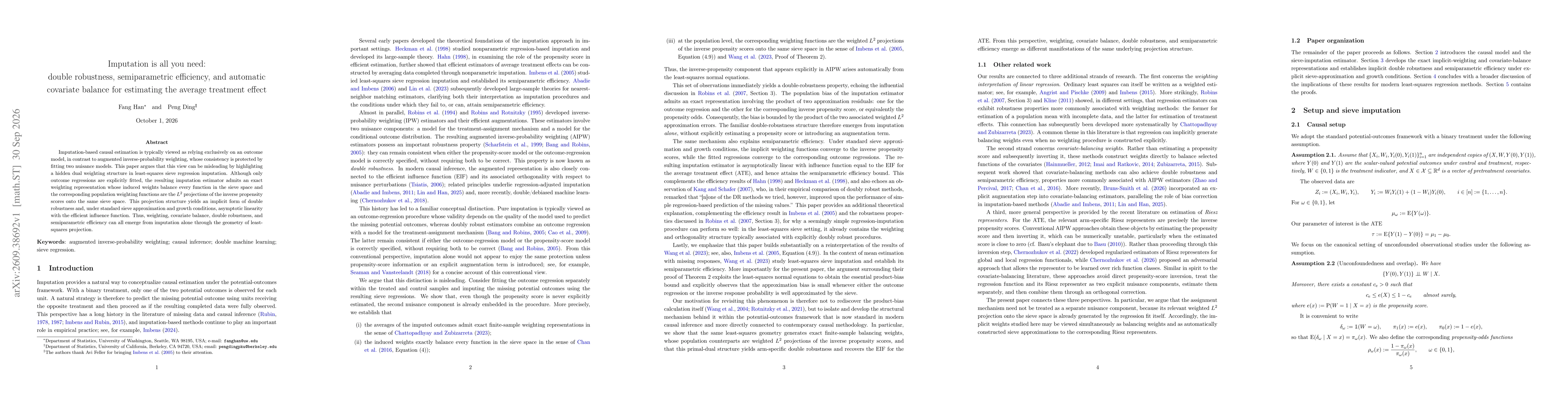 Thumbnail for Imputation is all you need: double robustness, semiparametric efficiency, and automatic covariate balance for estimating the average treatment effect