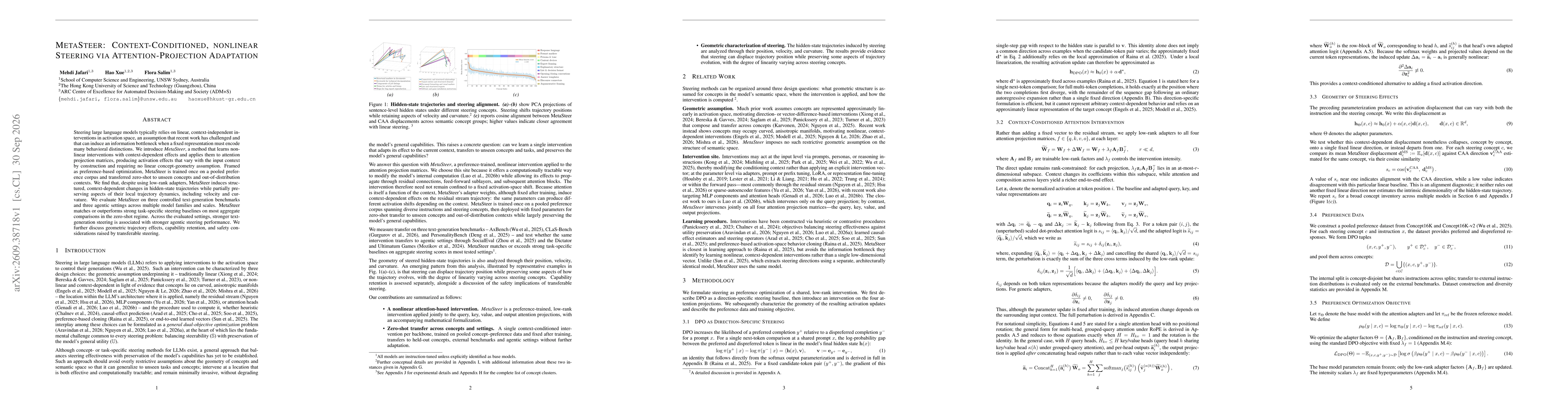 Thumbnail for MetaSteer: Context-Conditioned, nonlinear Steering via Attention-Projection Adaptation