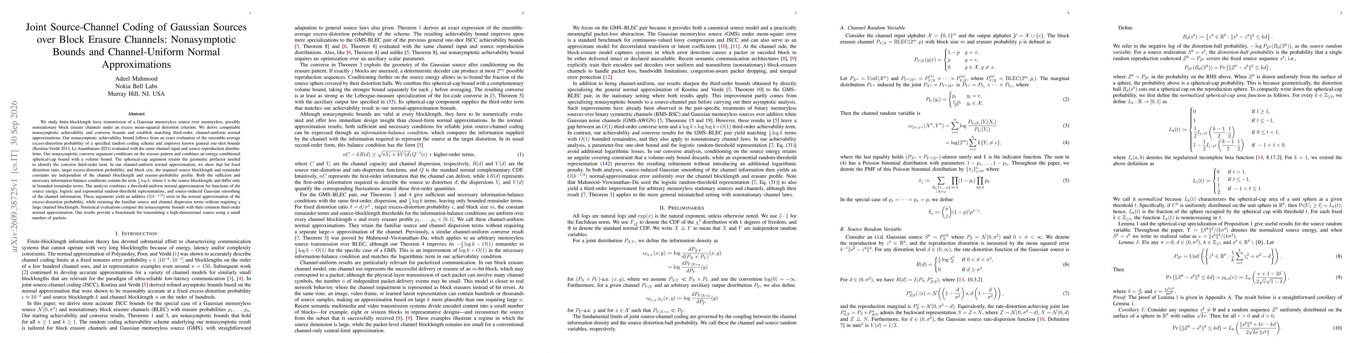 Thumbnail for Joint Source-Channel Coding of Gaussian Sources over Block Erasure Channels: Nonasymptotic Bounds and Channel-Uniform Normal Approximations