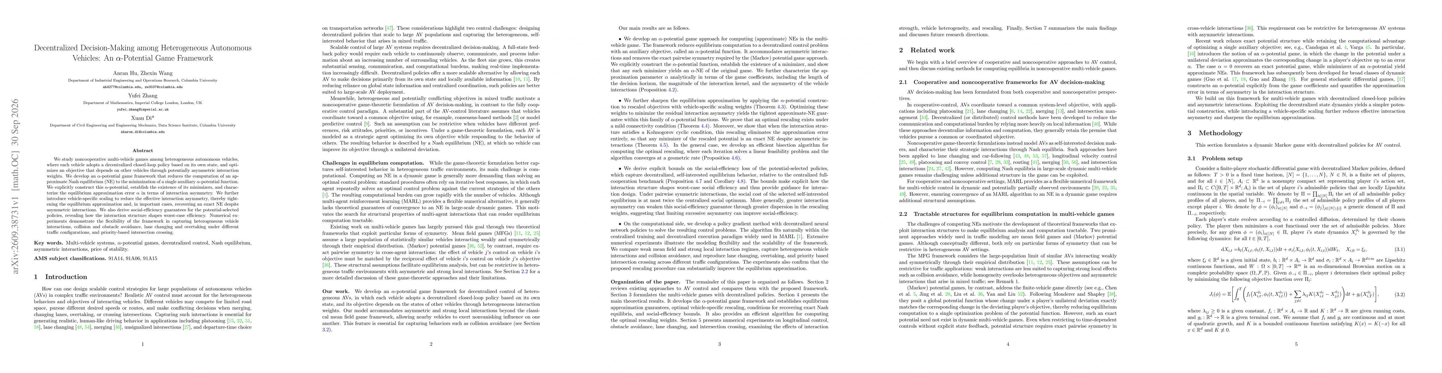 Thumbnail for Decentralized Decision-Making among Heterogeneous Autonomous Vehicles: An $α$-Potential Game Framework