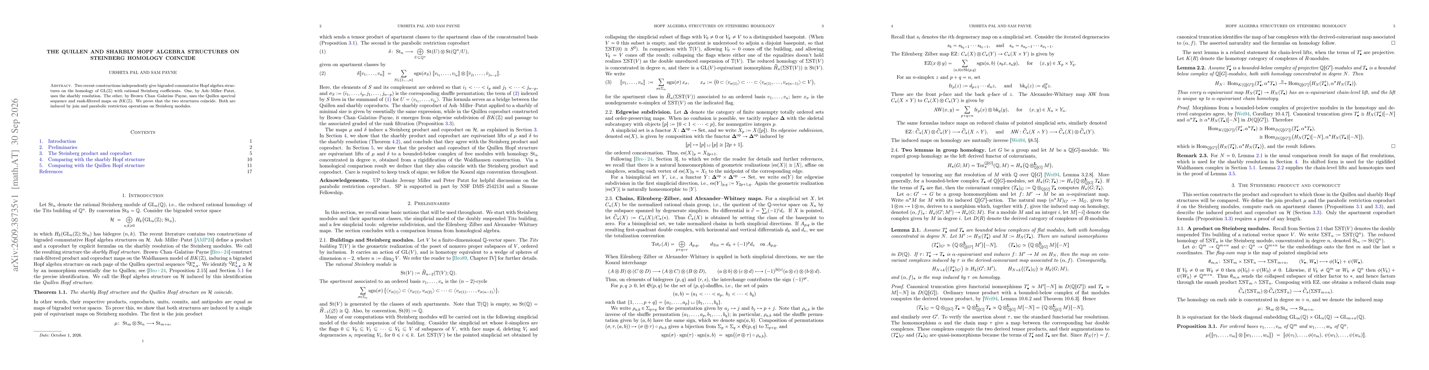 Thumbnail for The Quillen and sharbly Hopf algebra structures on Steinberg homology coincide