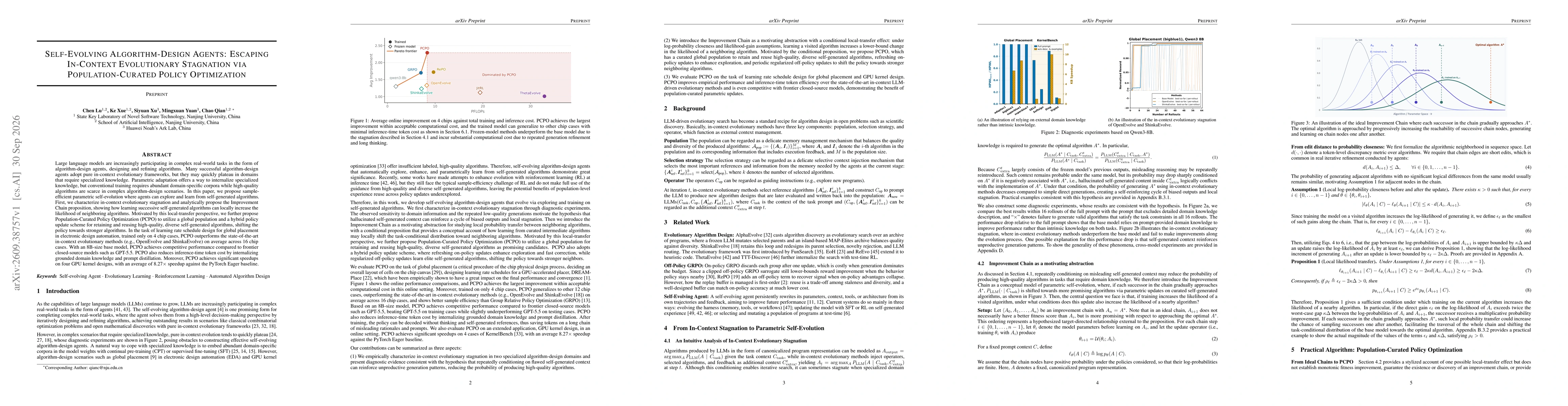 Thumbnail for Self-Evolving Algorithm-Design Agents: Escaping In-Context Evolutionary Stagnation via Population-Curated Policy Optimization