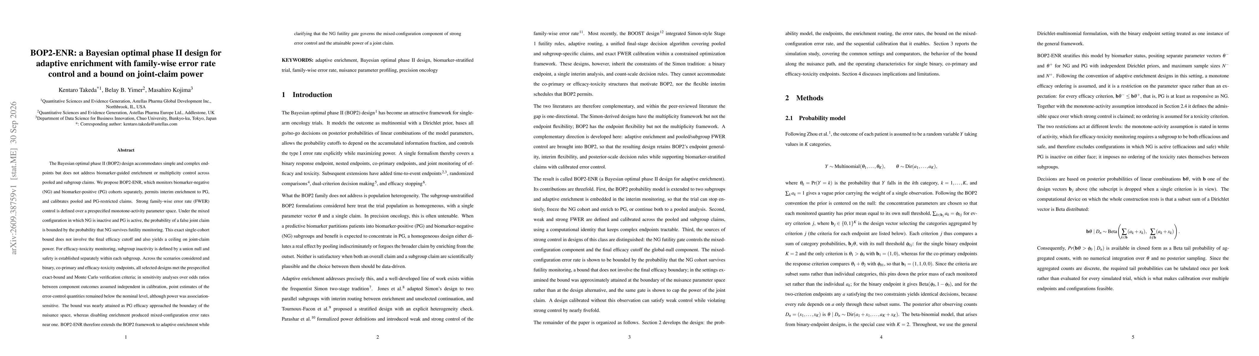 Thumbnail for BOP2-ENR: a Bayesian optimal phase II design for adaptive enrichment with family-wise error rate control and a bound on joint-claim power
