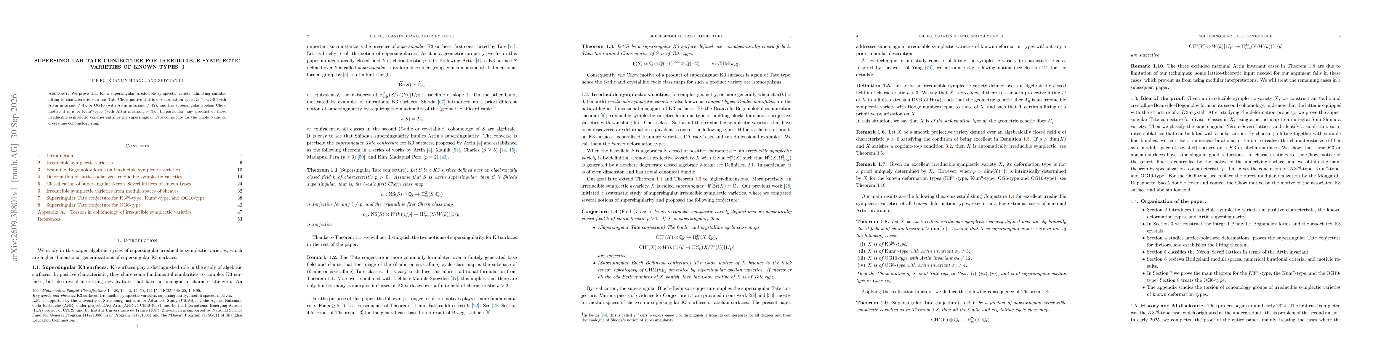 Thumbnail for Supersingular Tate conjecture for irreducible symplectic varieties of known types: I