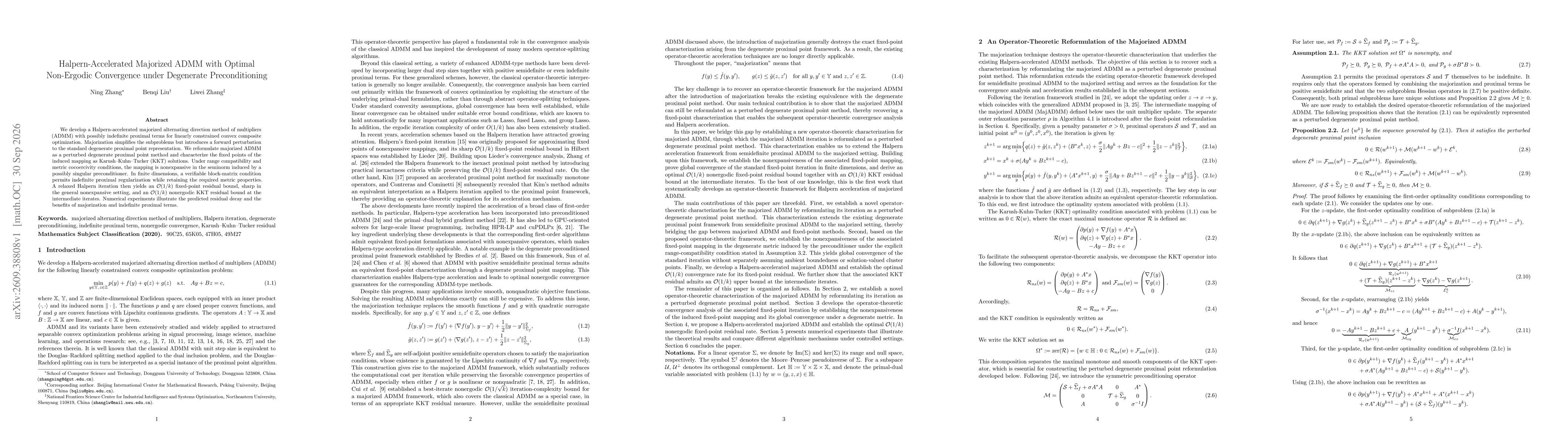 Thumbnail for Halpern-Accelerated Majorized ADMM with Optimal Non-Ergodic Convergence under Degenerate Preconditioning