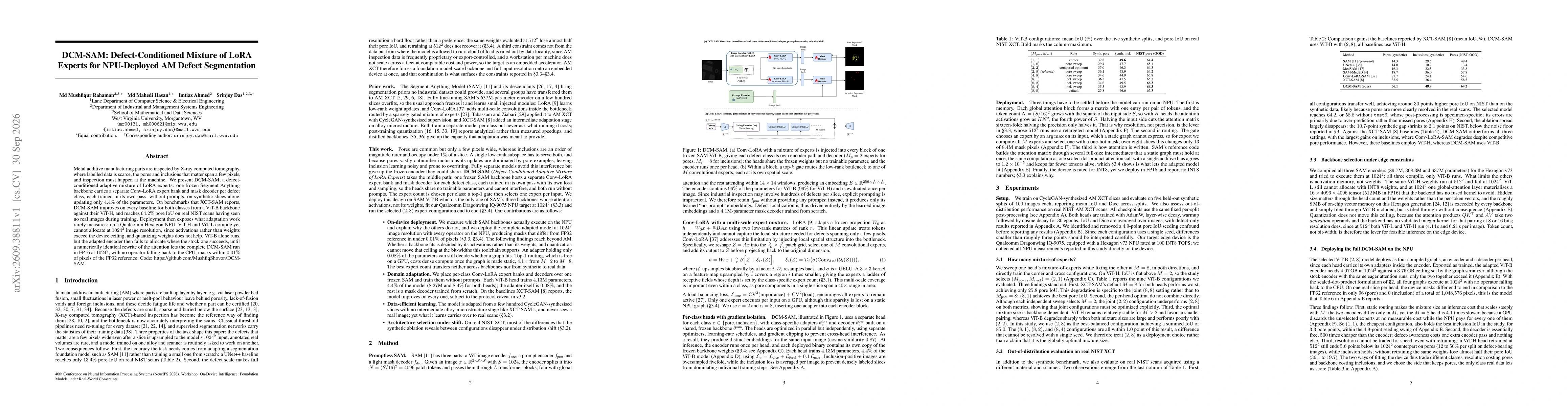 Thumbnail for DCM-SAM: Defect-Conditioned Mixture of LoRA Experts for NPU-Deployed AM Defect Segmentation