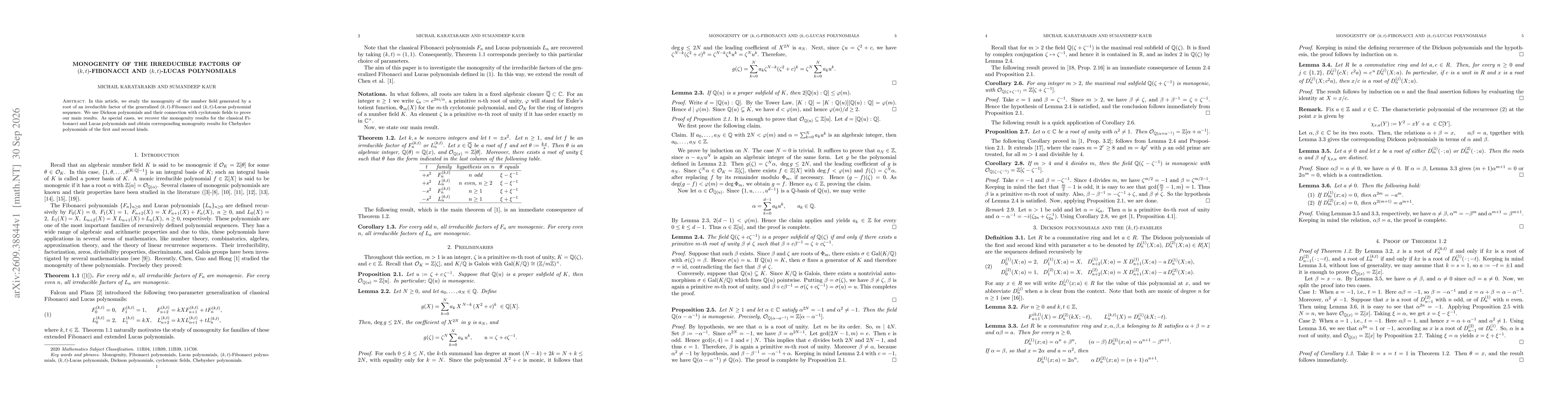Thumbnail for Monogenity of the irreducible factors of $(k,t)$-Fibonacci and $(k,t)$-Lucas polynomials