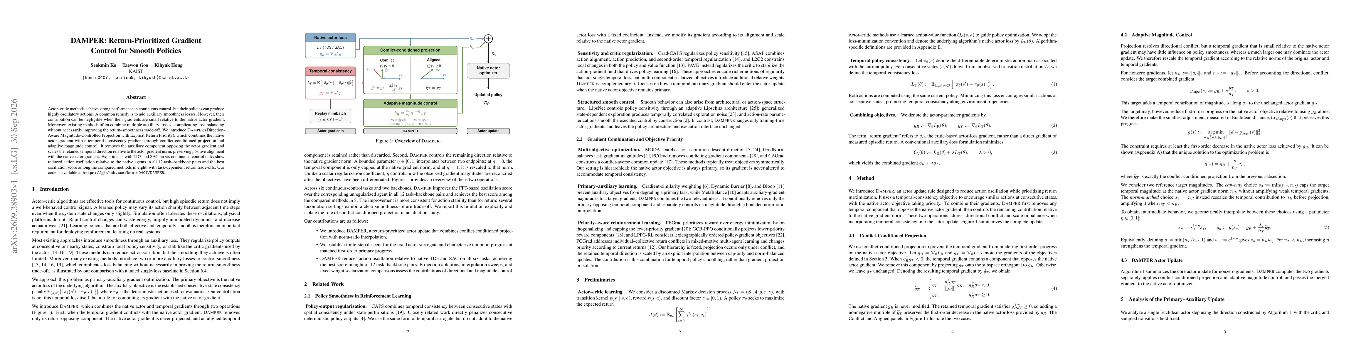 Thumbnail for DAMPER: Return-Prioritized Gradient Control for Smooth Policies