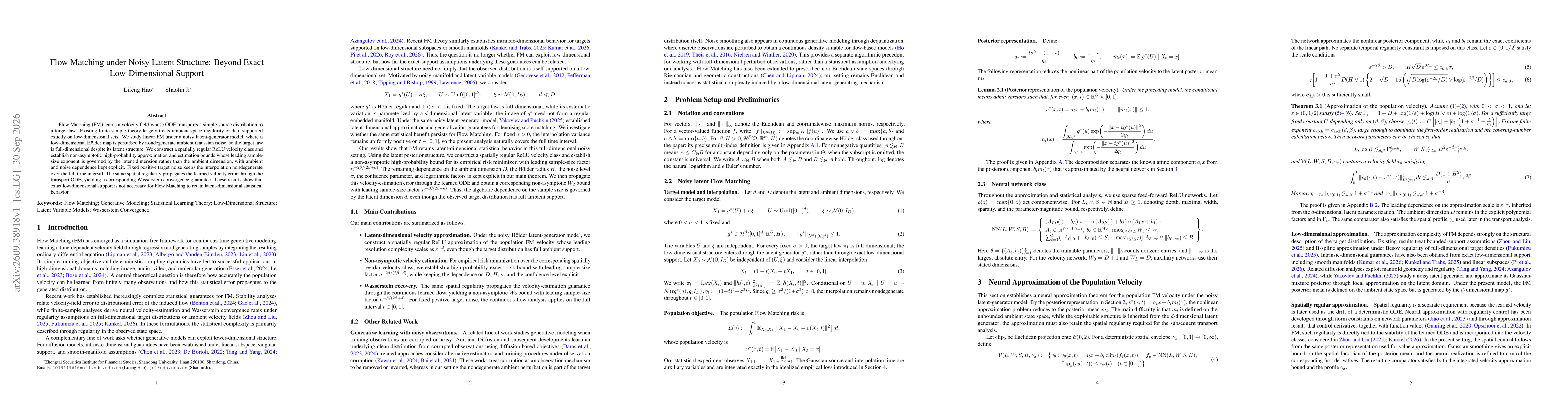 Thumbnail for Flow Matching under Noisy Latent Structure: Beyond Exact Low-Dimensional Support