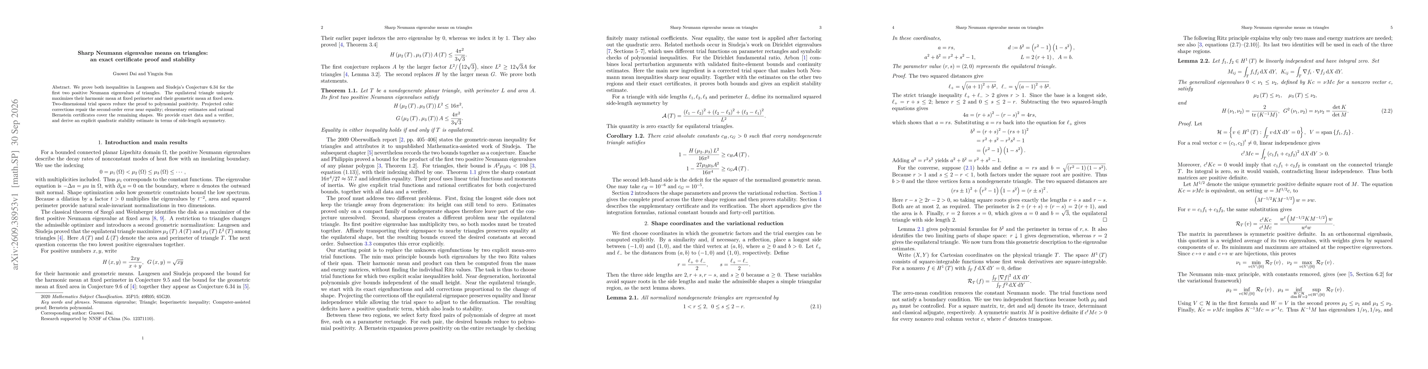 Thumbnail for Sharp Neumann eigenvalue means on triangles:an exact certificate proof and stability