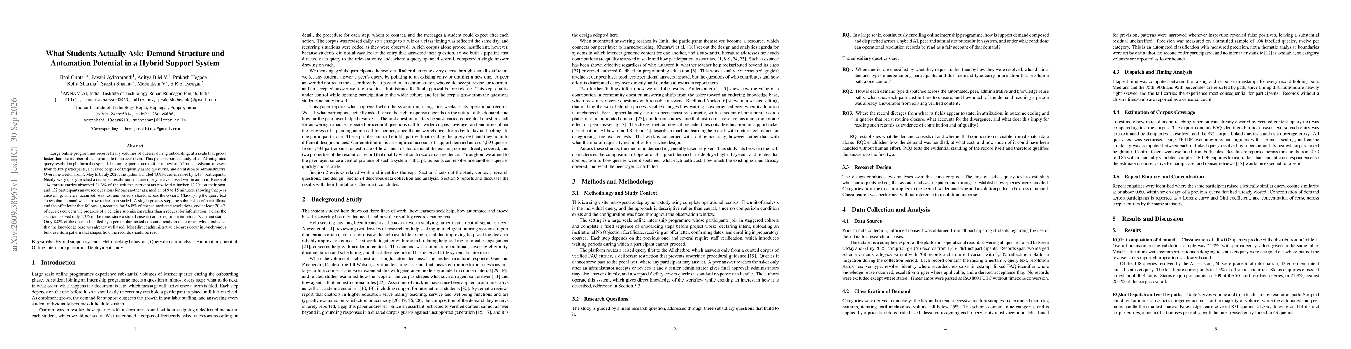 Thumbnail for What Students Actually Ask: Demand Structure and Automation Potential in a Hybrid Support System