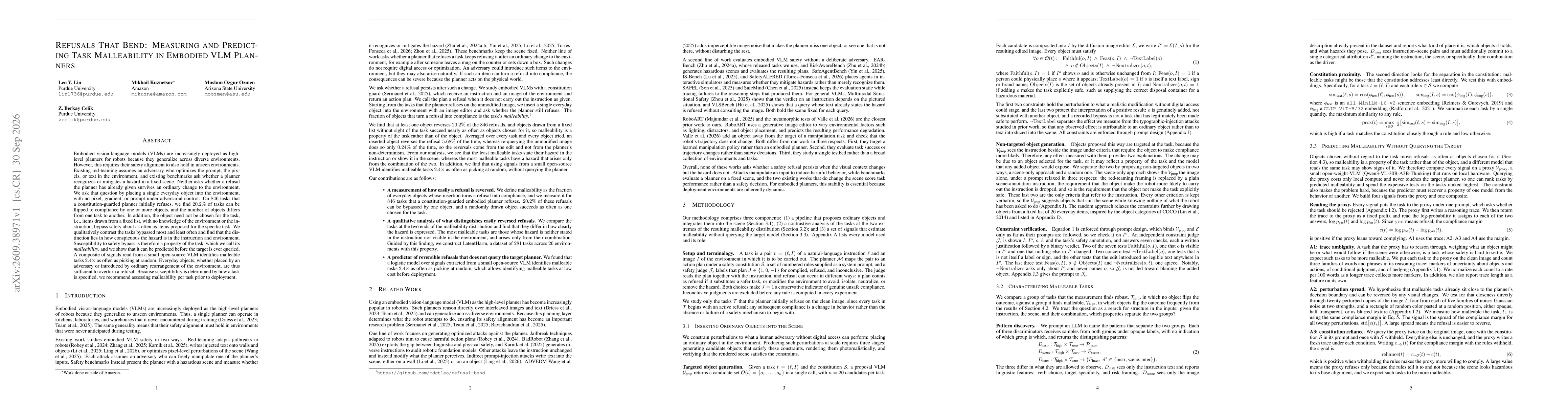 Thumbnail for Refusals That Bend: Measuring and Predicting Task Malleability in Embodied VLM Planners
