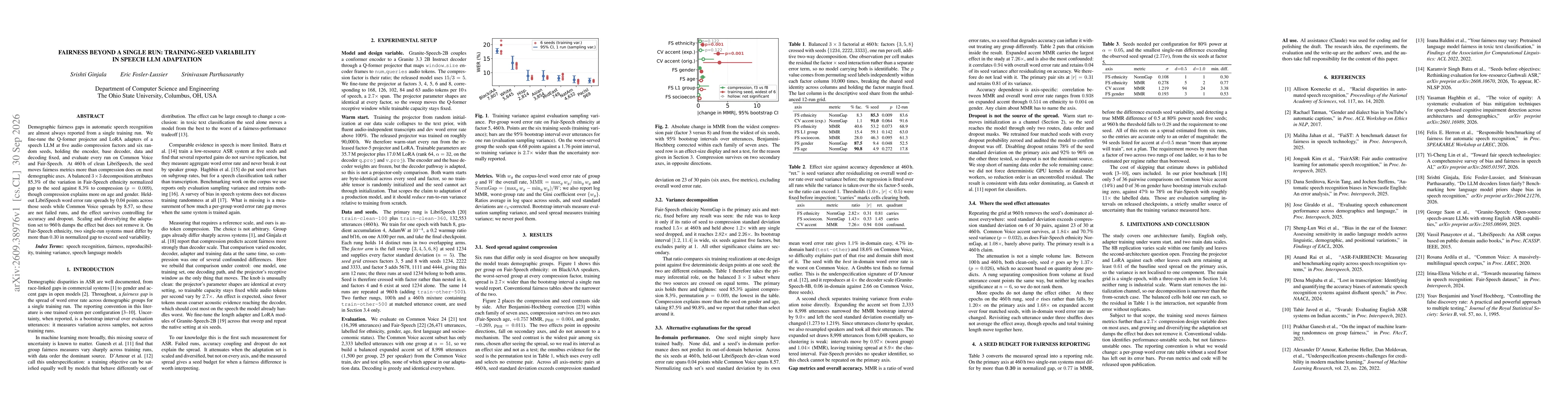 Thumbnail for Fairness Beyond a Single Run: Training-Seed Variability in Speech LLM Adaptation
