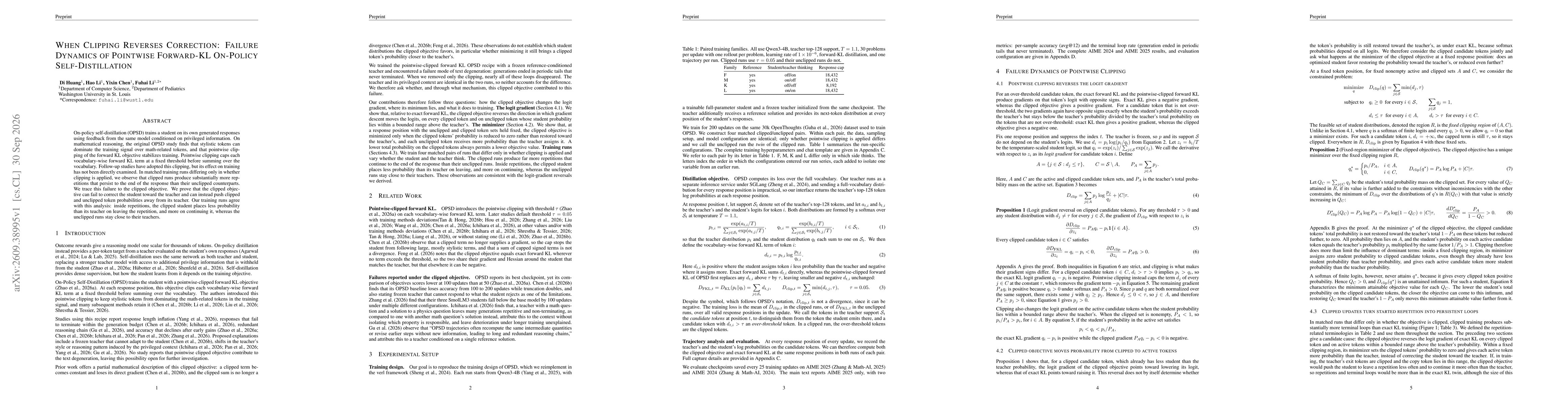 Thumbnail for When Clipping Reverses Correction: Failure Dynamics of Pointwise Forward-KL On-Policy Self-Distillation