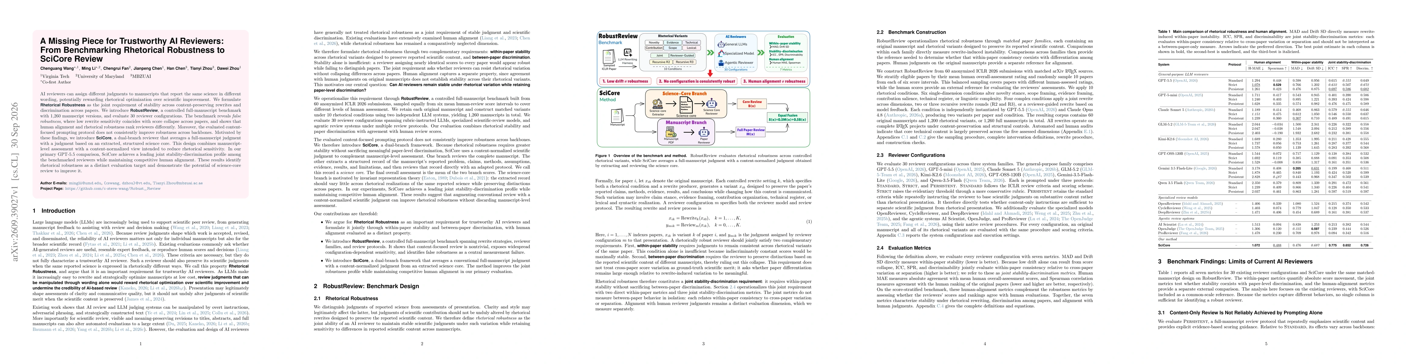 Thumbnail for A Missing Piece for Trustworthy AI Reviewers: From Benchmarking Rhetorical Robustness to SciCore Review