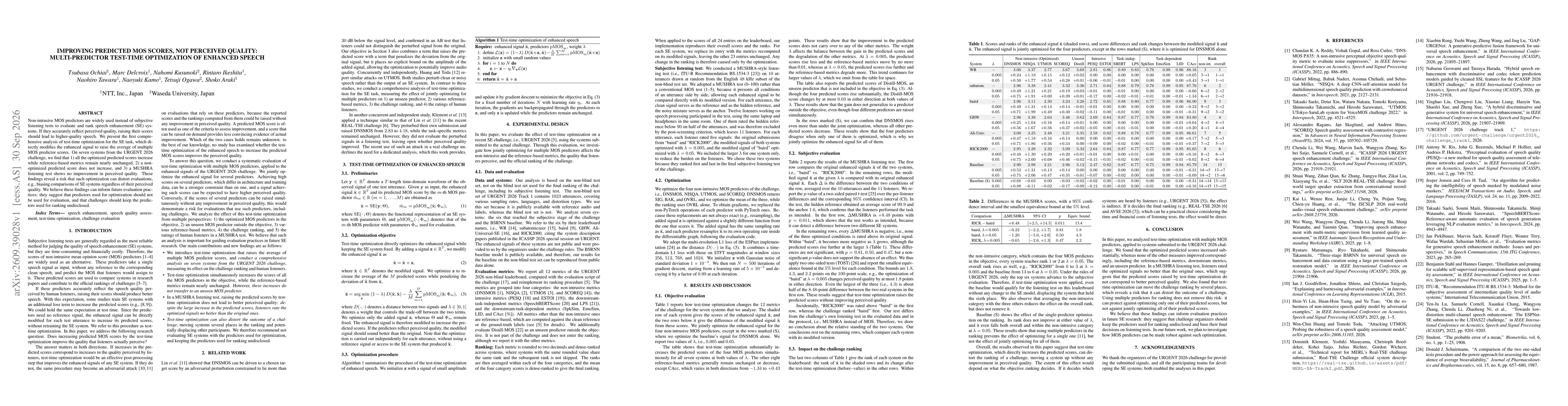 Thumbnail for Improving Predicted MOS Scores, Not Perceived Quality: Multi-Predictor Test-Time Optimization of Enhanced Speech