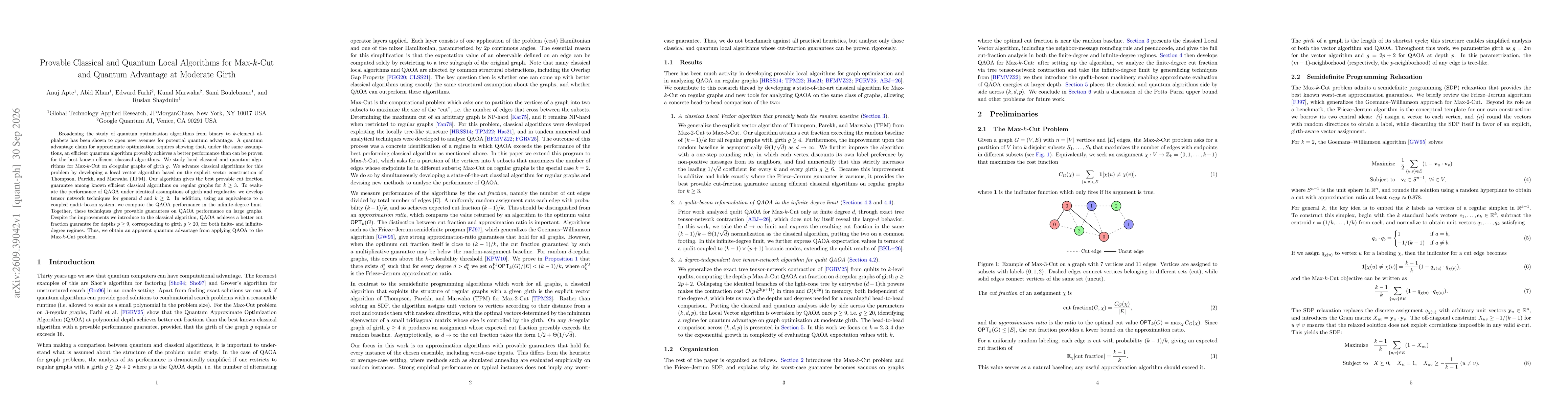 Thumbnail for Provable Classical and Quantum Local Algorithms for Max-$k$-Cut and Quantum Advantage at Moderate Girth
