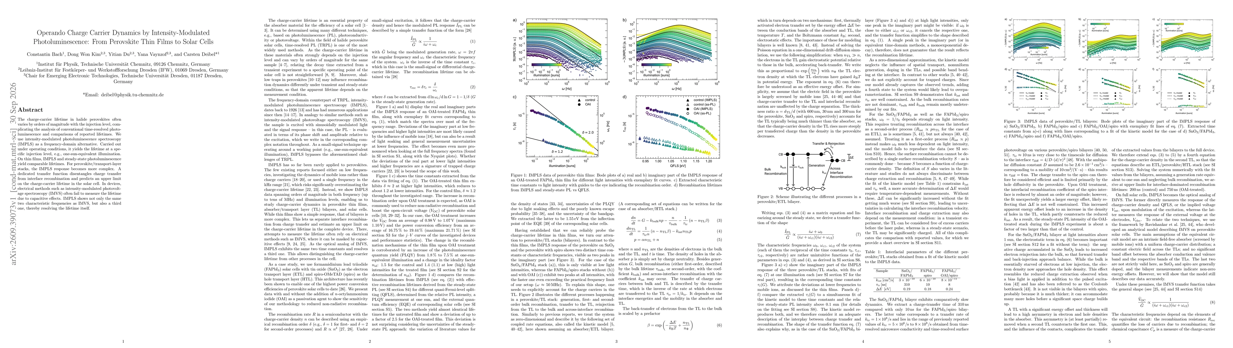 Thumbnail for Operando Charge Carrier Dynamics by Intensity-Modulated Photoluminescence: From Perovskite Thin Films to Solar Cells