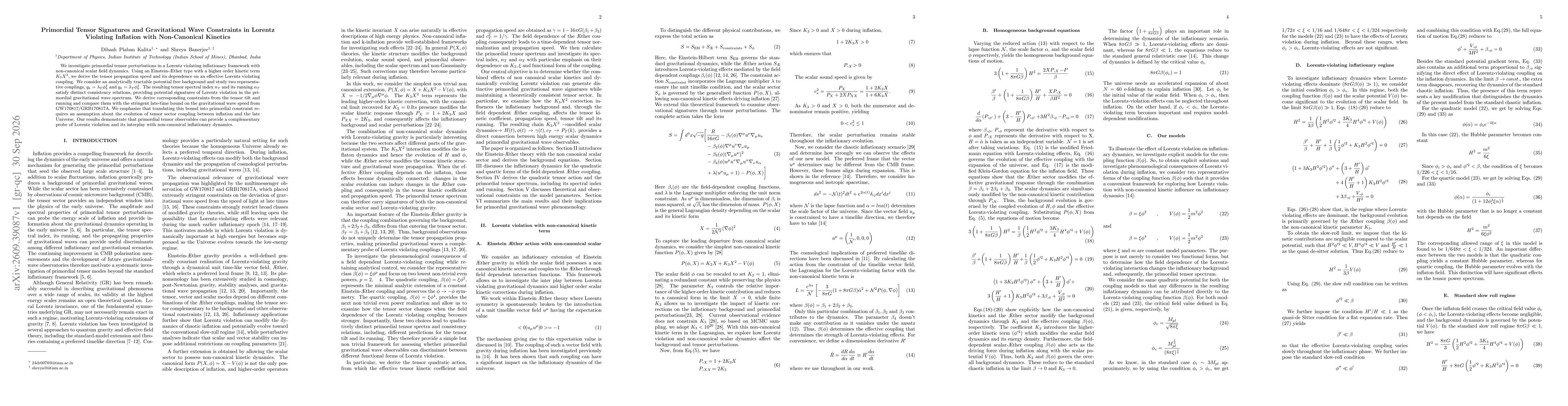Thumbnail for Primordial Tensor Signatures and Gravitational Wave Constraints in Lorentz Violating Inflation with Non-Canonical Kinetics