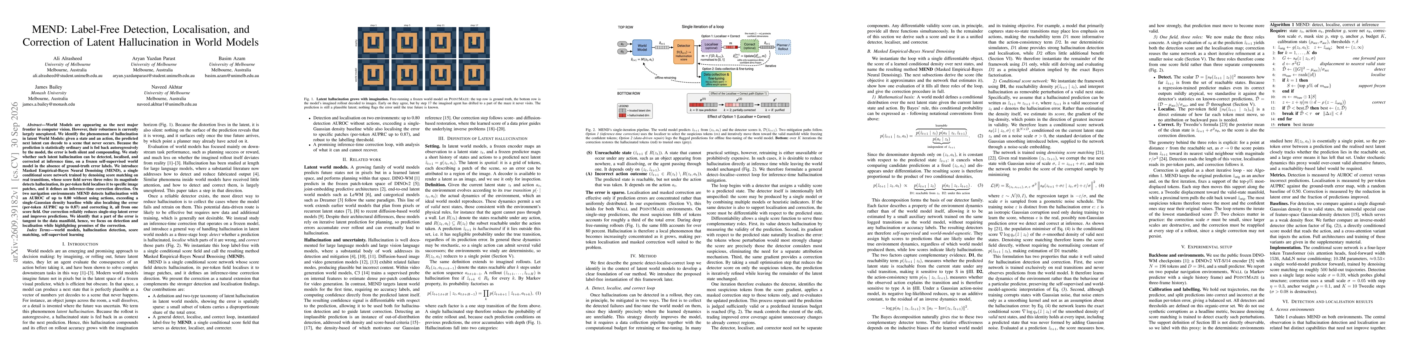 Thumbnail for MEND: Label-Free Detection, Localisation, and Correction of Latent Hallucination in World Models