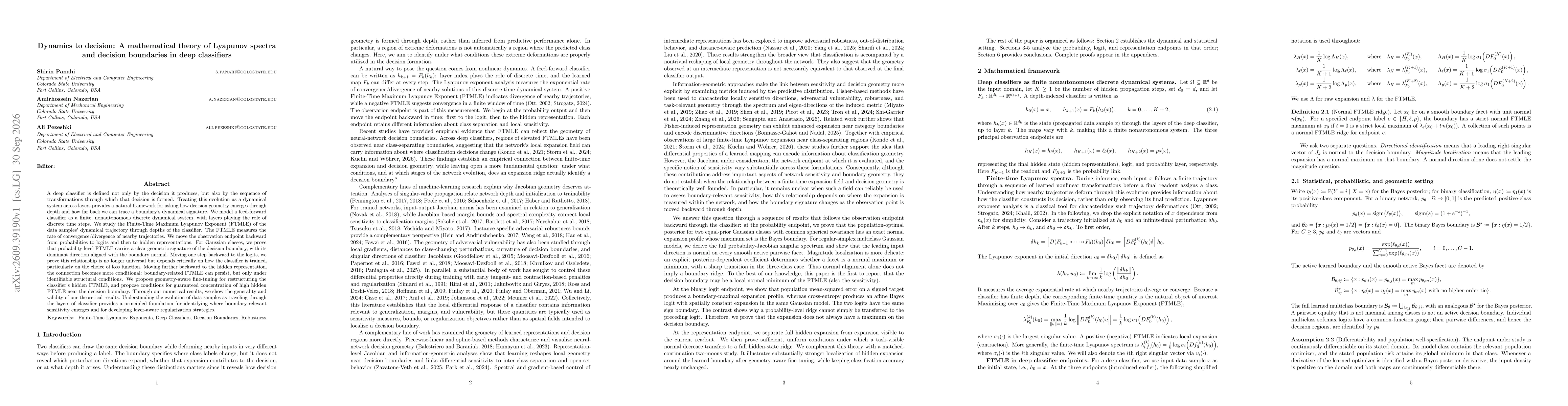 Thumbnail for Dynamics to decision: A mathematical theory of Lyapunov spectra and decision boundaries in deep classifiers