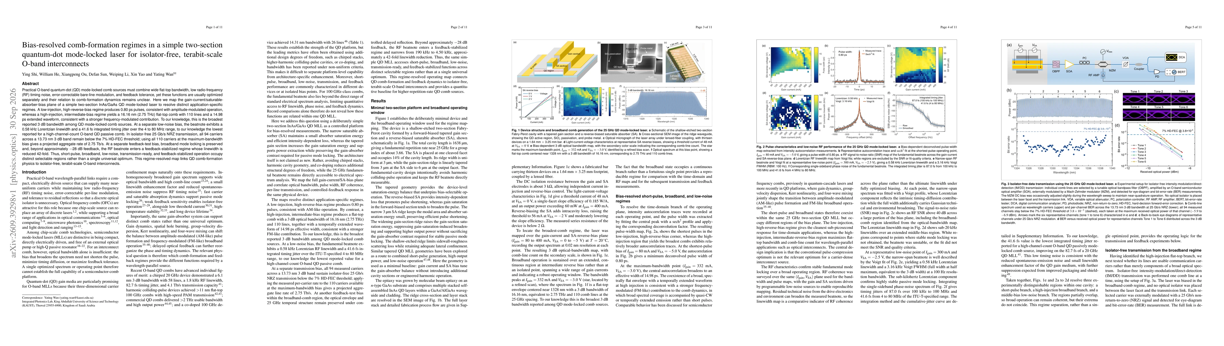 Thumbnail for Bias-resolved comb-formation regimes in a simple two-section quantum-dot mode-locked laser for isolator-free, terabit-scale O-band interconnects