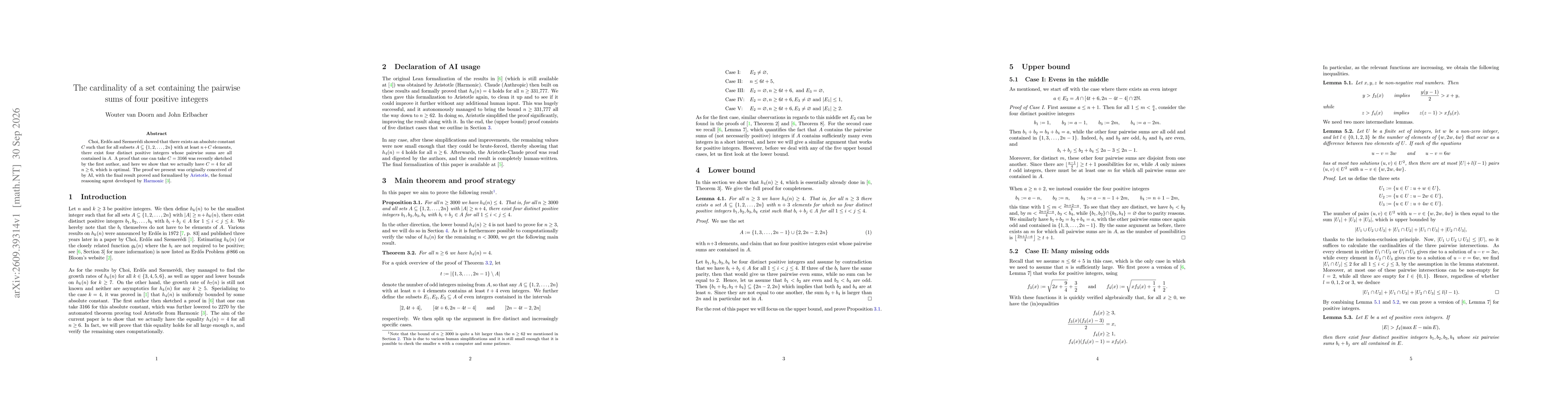 Thumbnail for The cardinality of a set containing the pairwise sums of four positive integers