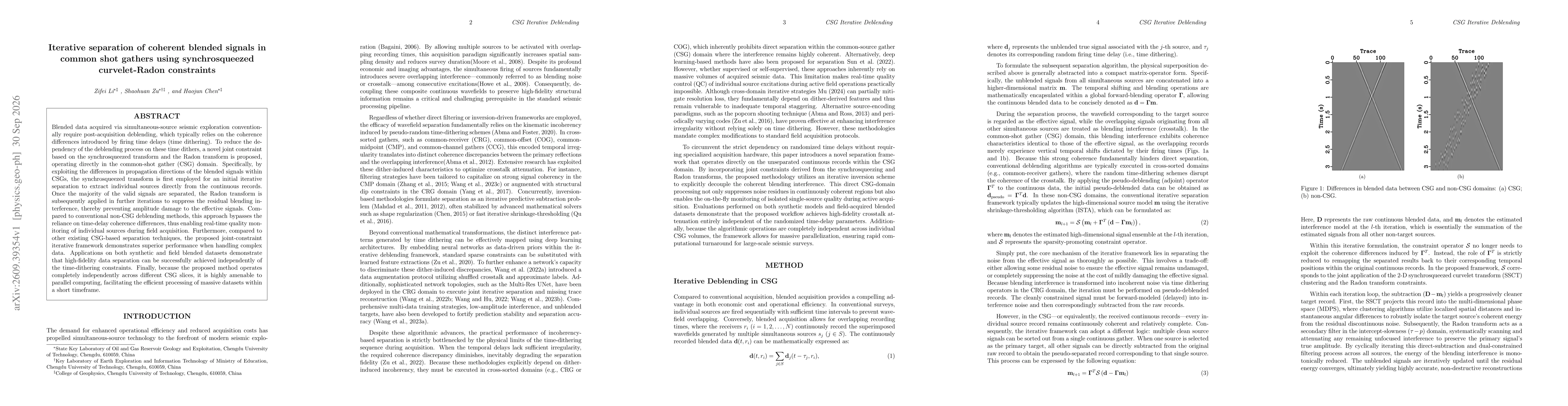 Thumbnail for Iterative separation of coherent blended signals in common shot gathers using synchrosqueezed curvelet-Radon constraints
