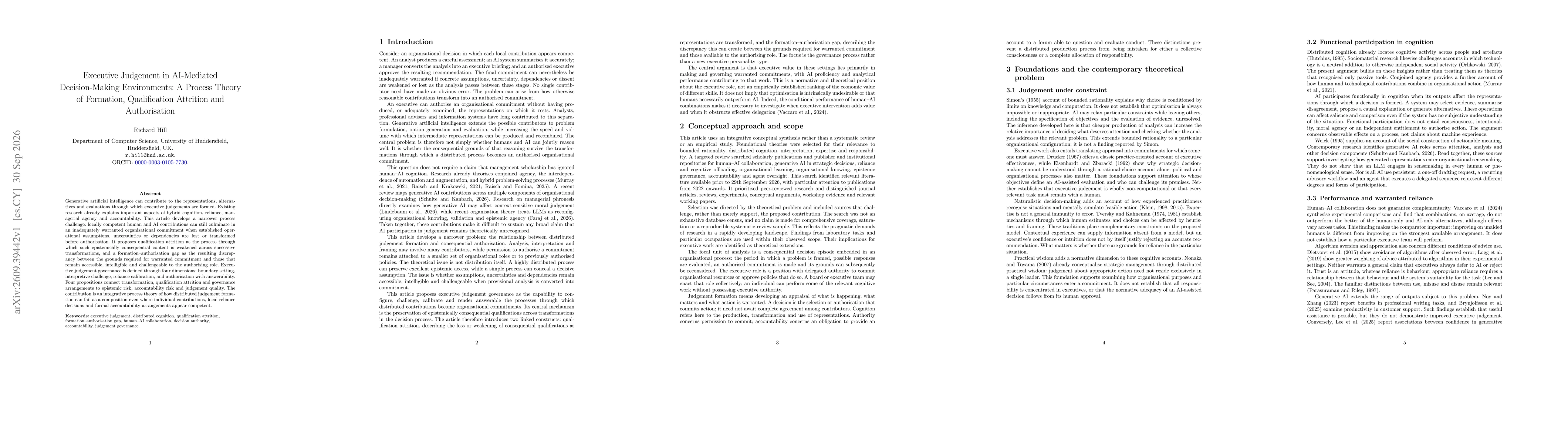 Thumbnail for Executive Judgement in AI-Mediated Decision-Making Environments: A Process Theory of Formation, Qualification Attrition and Authorisation