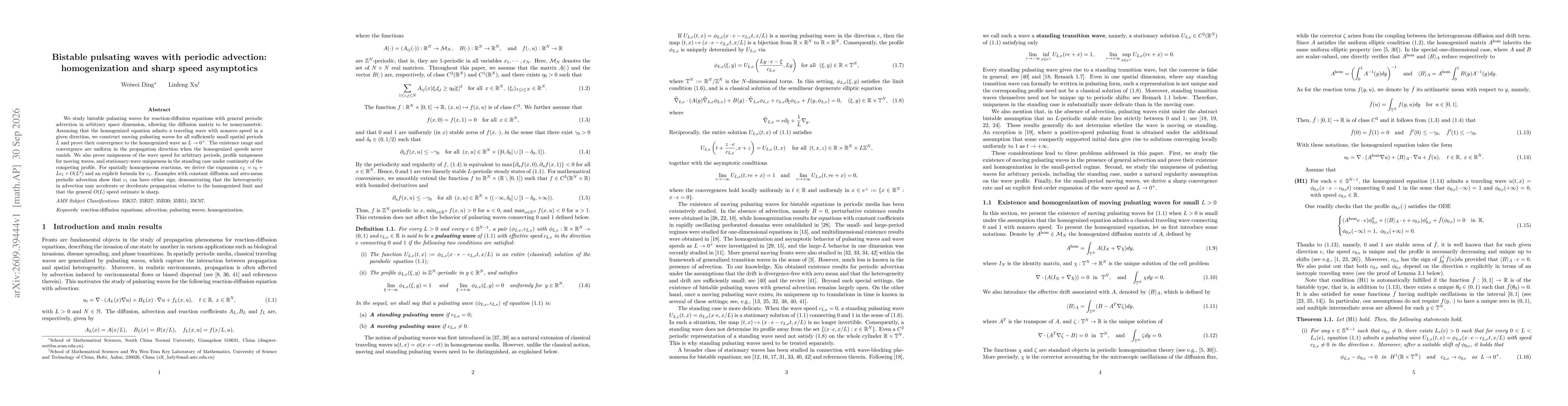 Thumbnail for Bistable pulsating waves with periodic advection: homogenization and sharp speed asymptotics