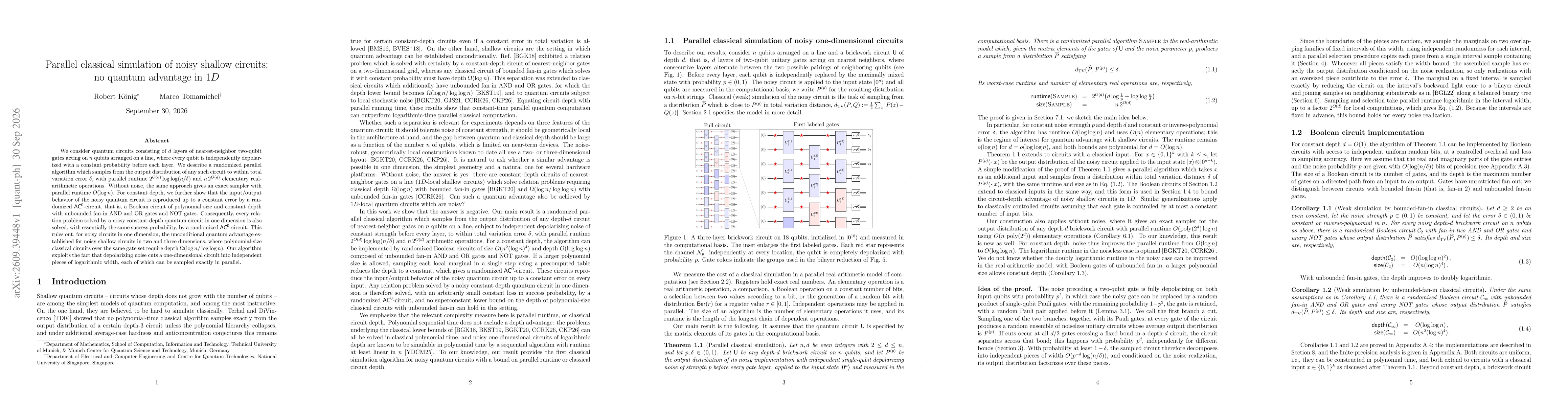 Thumbnail for Parallel classical simulation of noisy shallow circuits: no quantum advantage in 1D