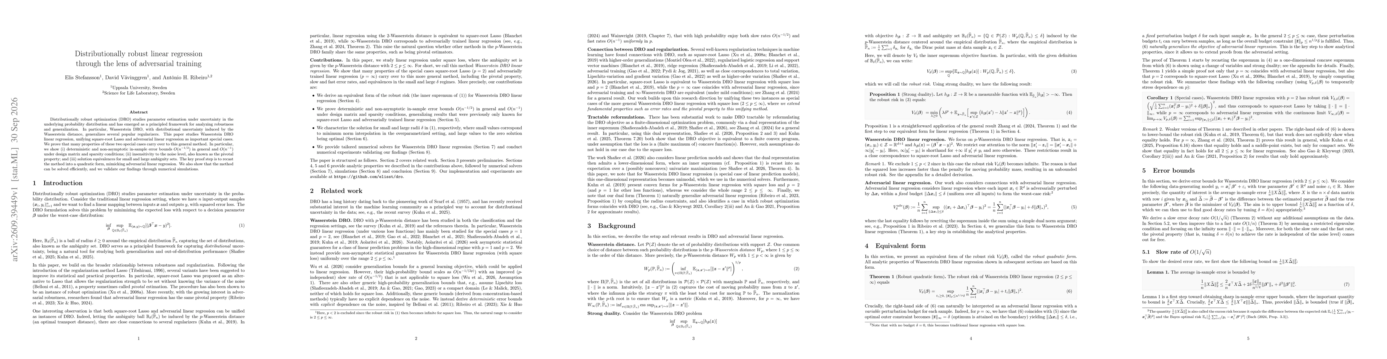 Thumbnail for Distributionally robust linear regression through the lens of adversarial training