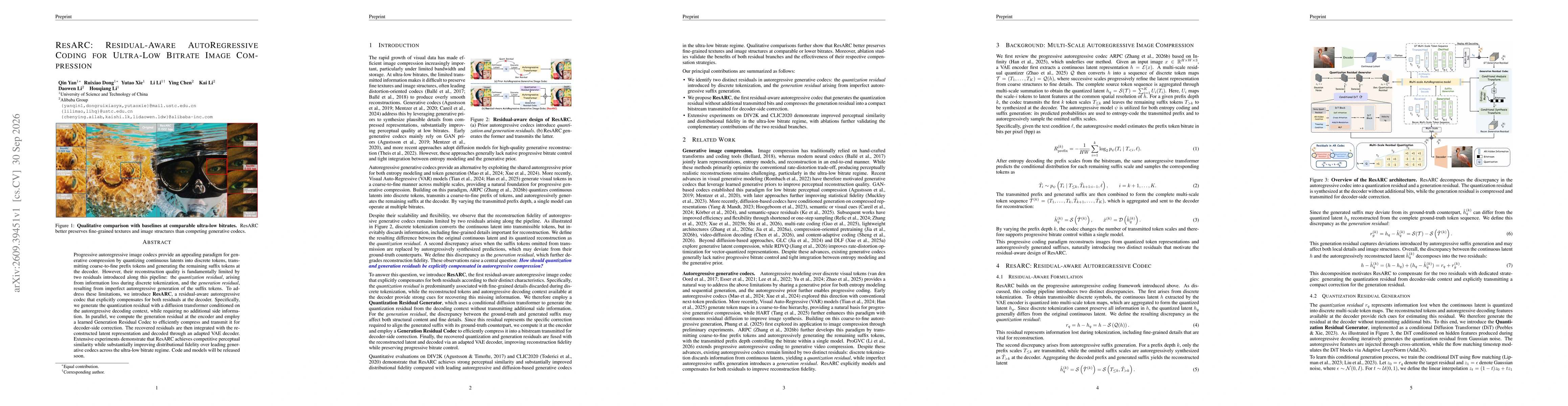 Thumbnail for ResARC: Residual-Aware AutoRegressive Coding for Ultra-Low Bitrate Image Compression