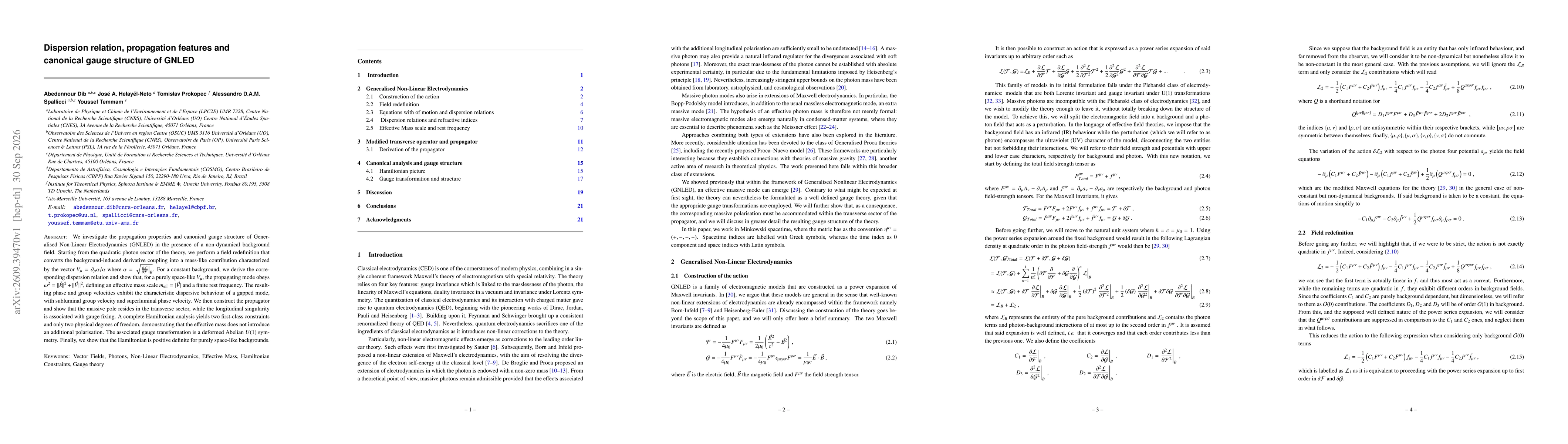 Thumbnail for Dispersion relation, propagation features and canonical gauge structure of GNLED