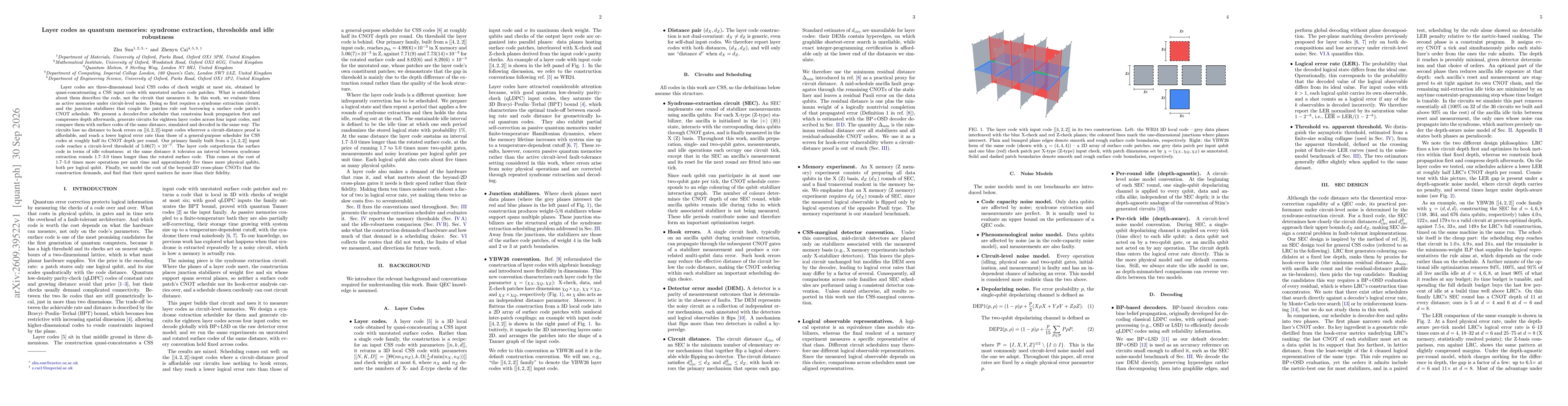 Thumbnail for Layer codes as quantum memories: syndrome extraction, thresholds and idle robustness